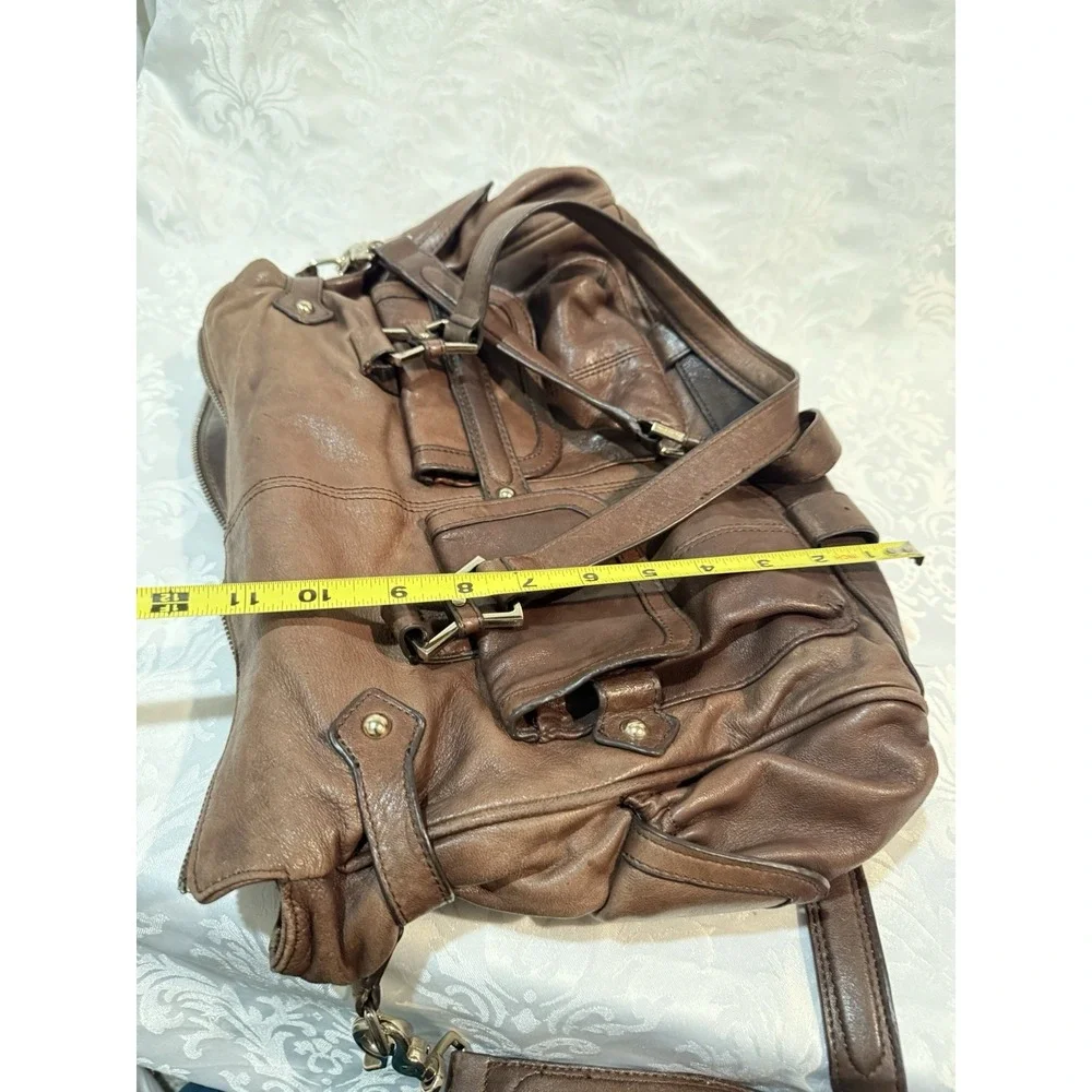 Junior Drake Megan large satchel Purse Bag Brown Leather front utility pockets